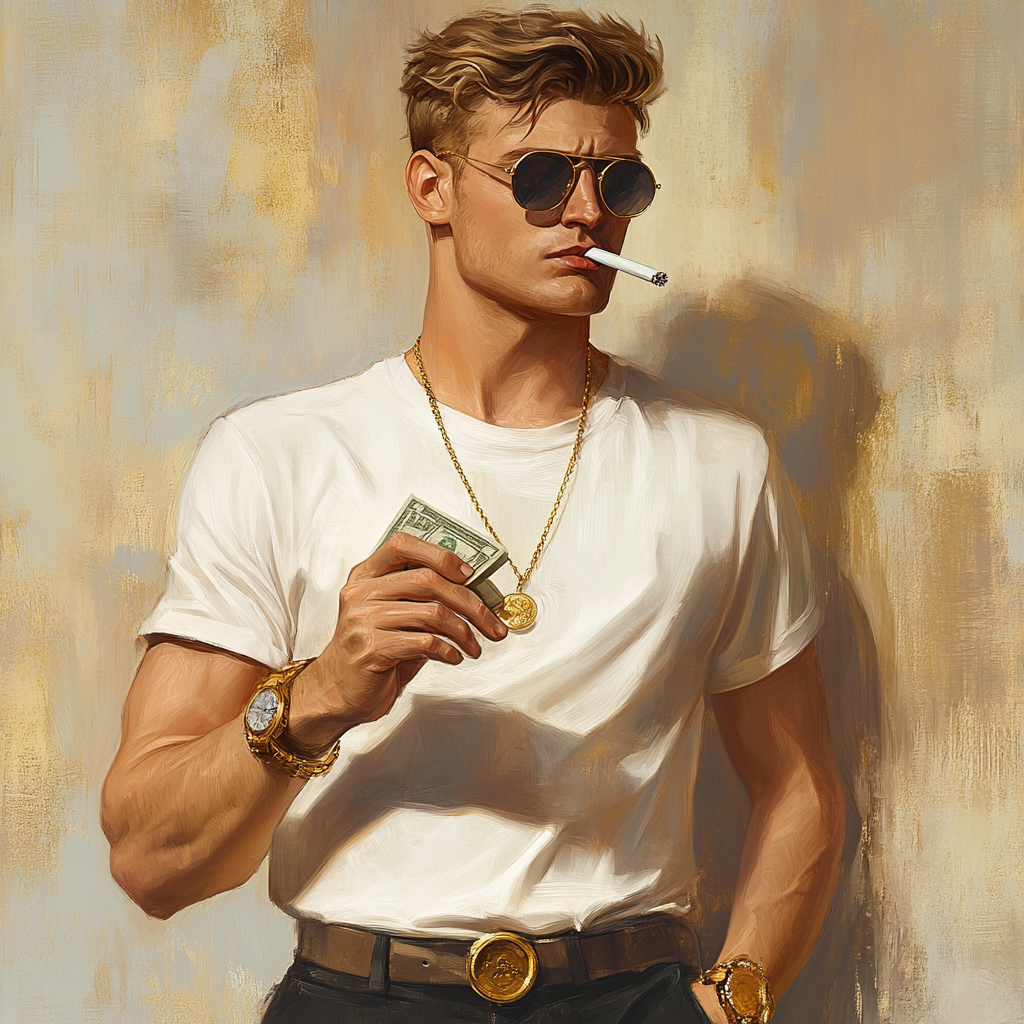 Skinny British Scientist in Aviator Shades Counting Money