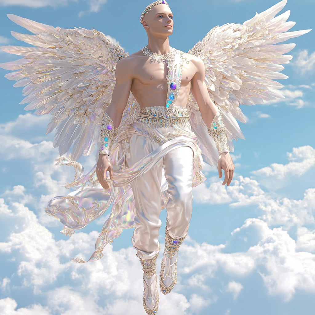 Skinny male Angel with Opal crown, blue eyes. Sky background.