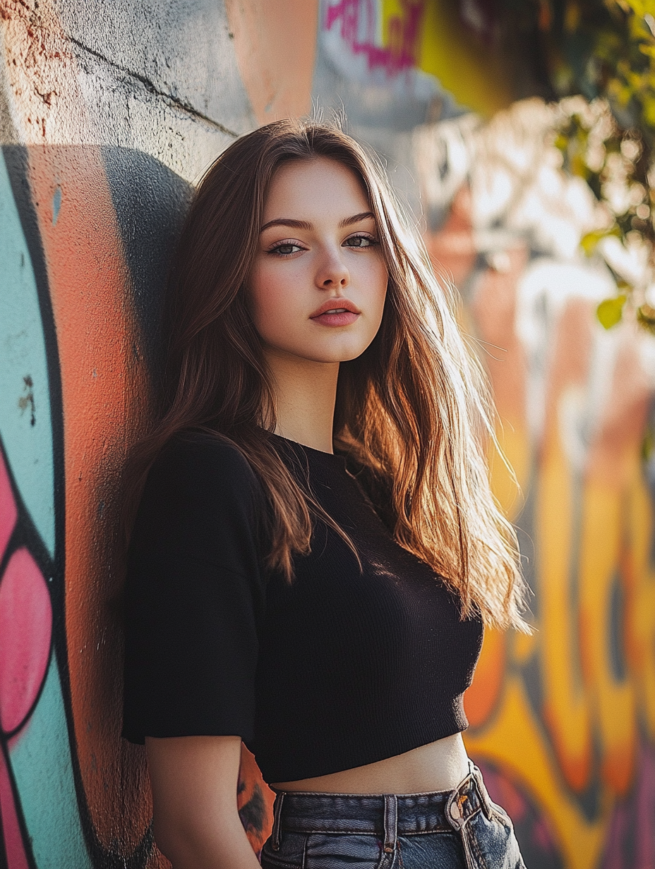 Skinny woman in casual streetwear against colorful graffiti