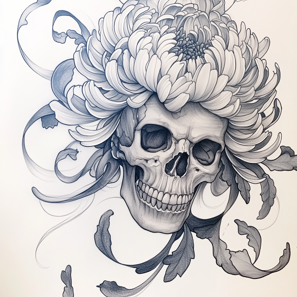 Skull and Flower Tattoo in Black and Grey