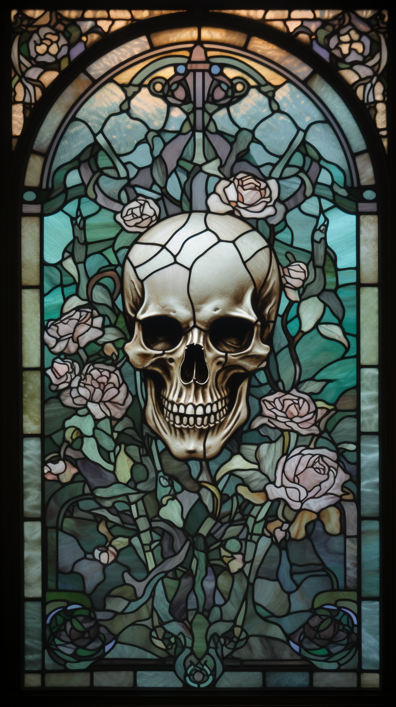 Skull and roses stained glass with pastel colors.