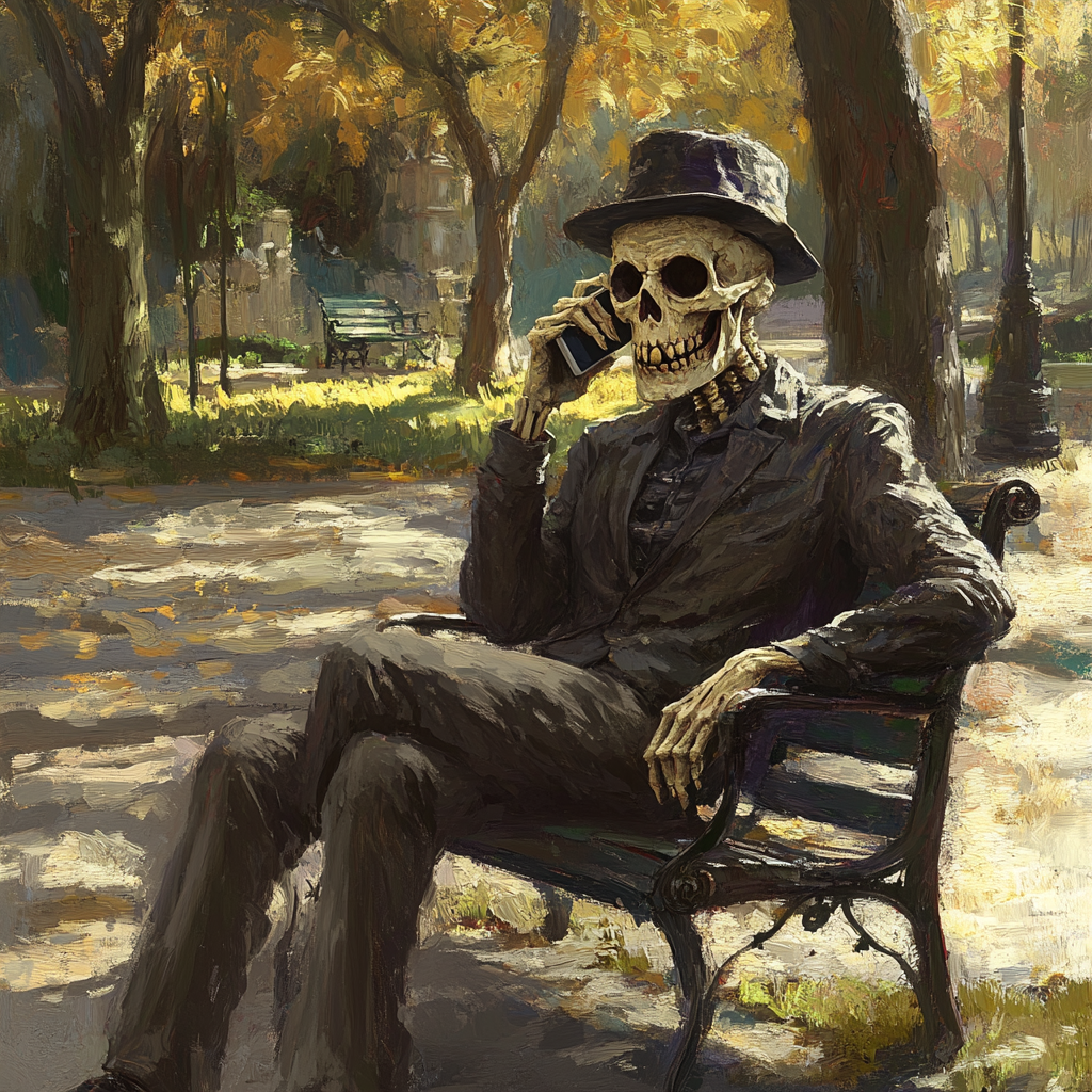 Skull-face gentleman with hat on phone in park 