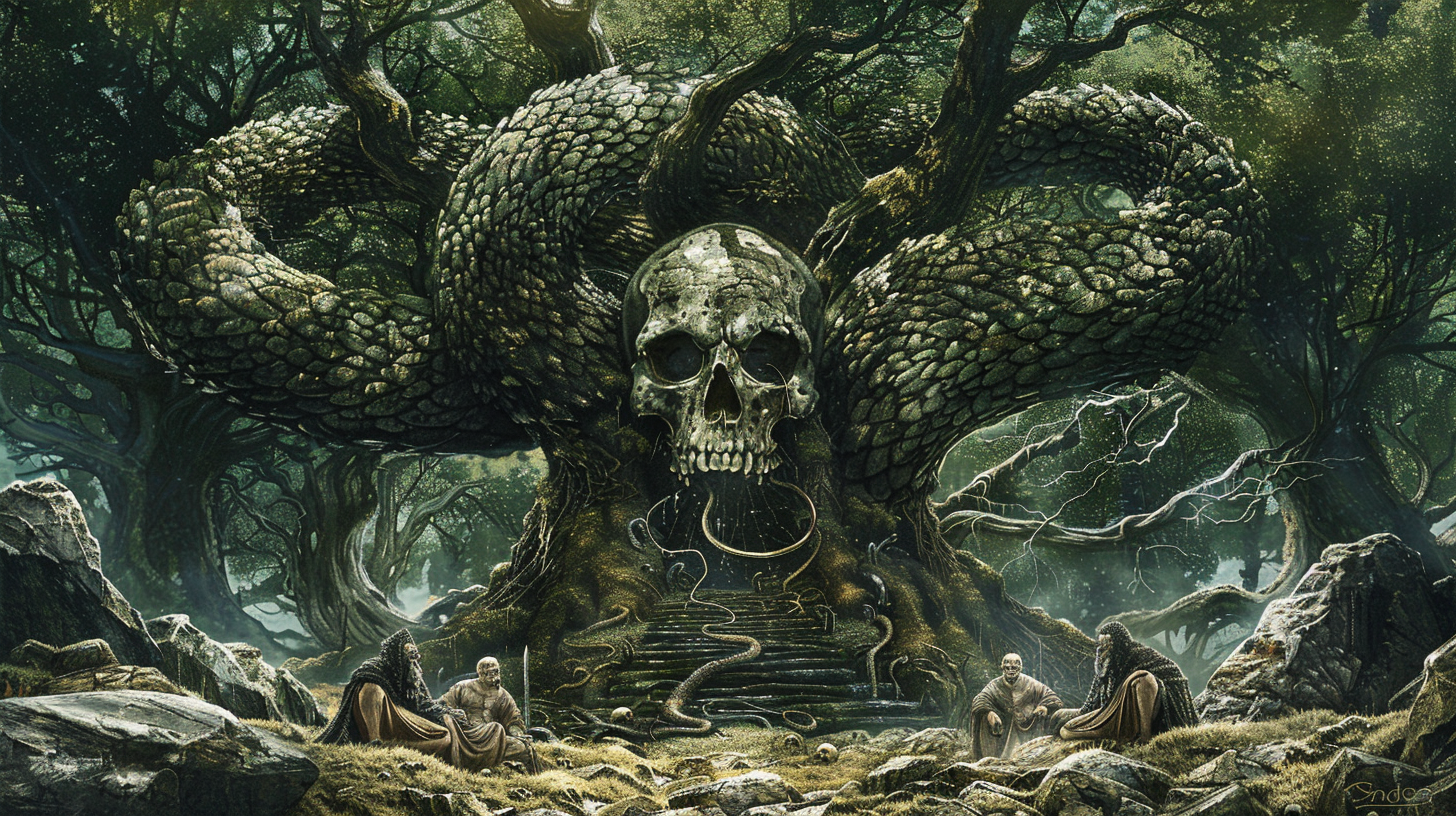 Skull-headed serpent coils around tree, druids kneel nearby.