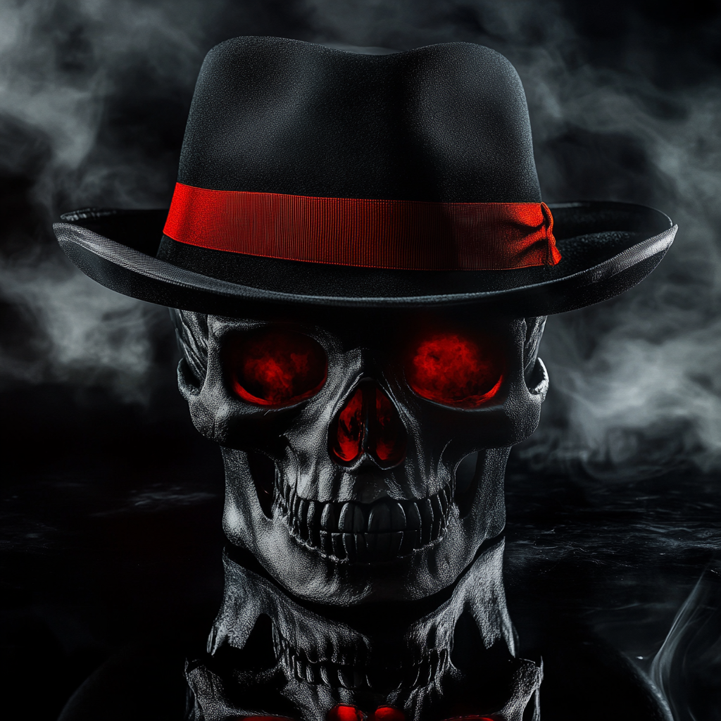 Skull wearing Fedora hat with red eyes, smoke cinematic.