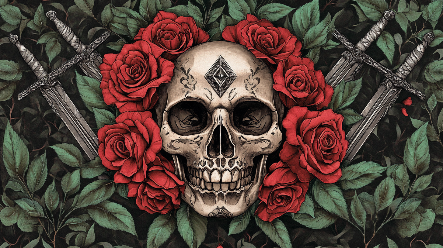 Skull with red roses and silver swords illustration.