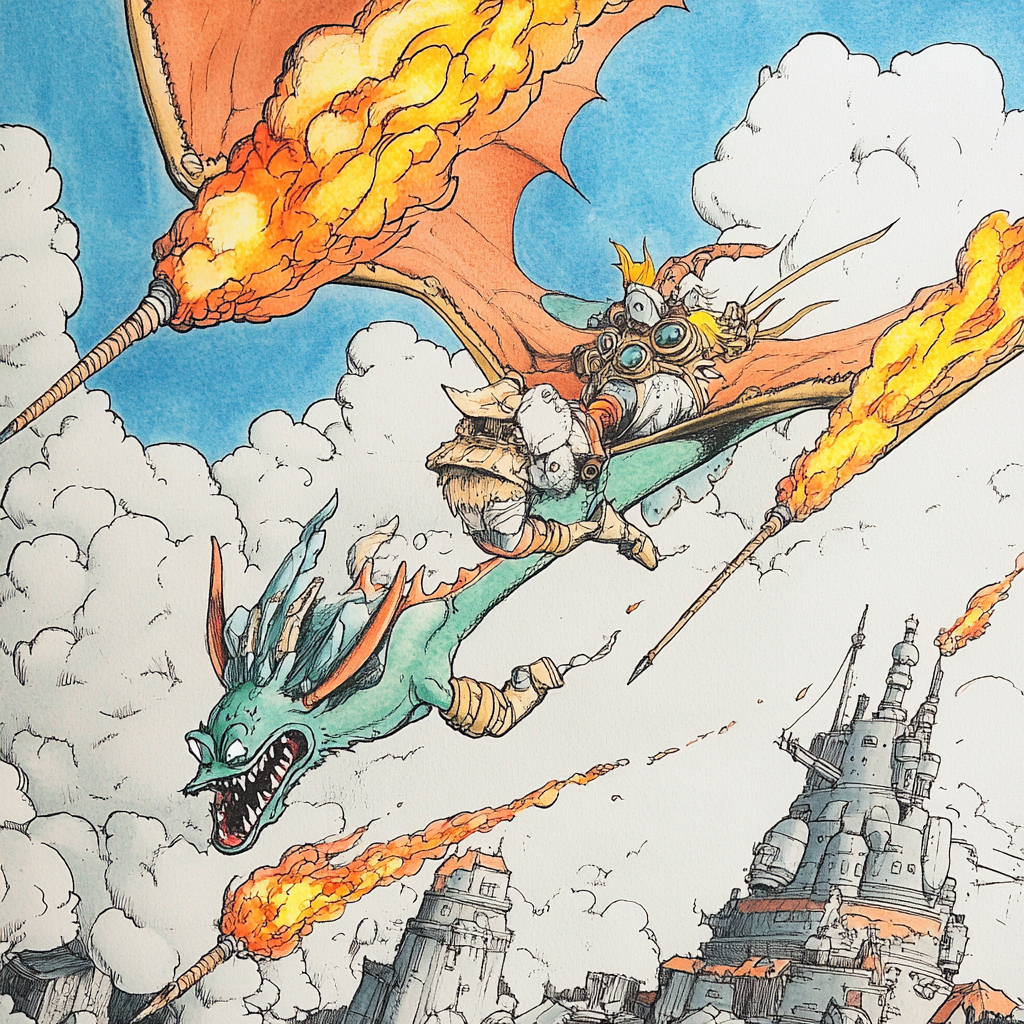 Sky knight battles dragon and airship in whimsical style.