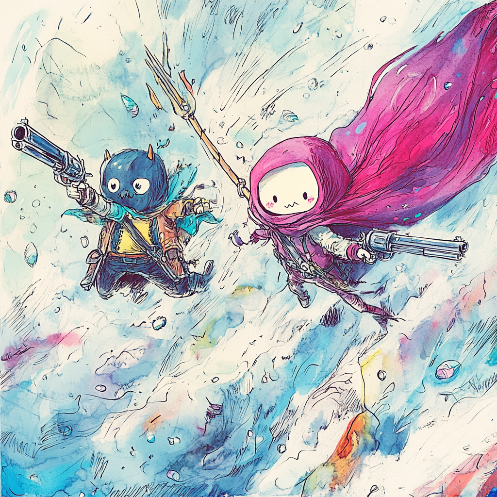 Sky pirate battles sky knight in whimsical animation.