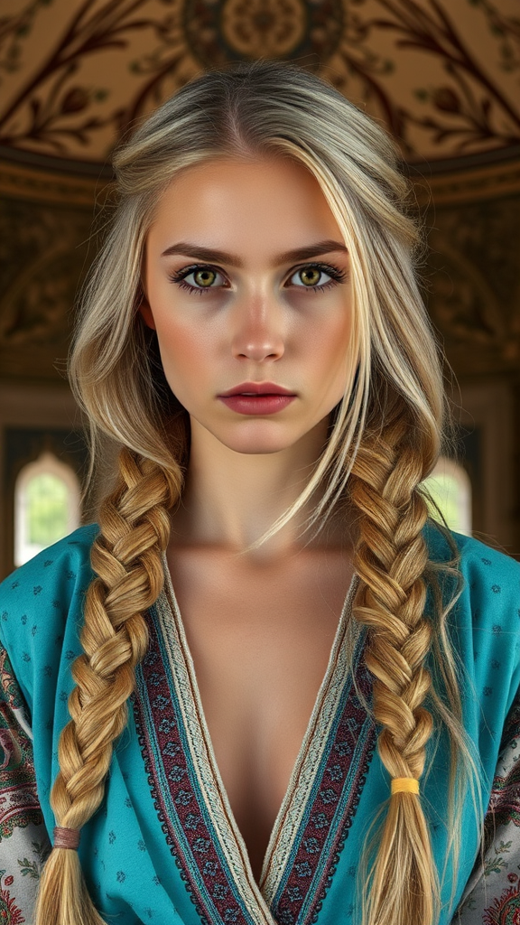 Slavic Beauty in Turquoise Sarafan Indoor Portrait