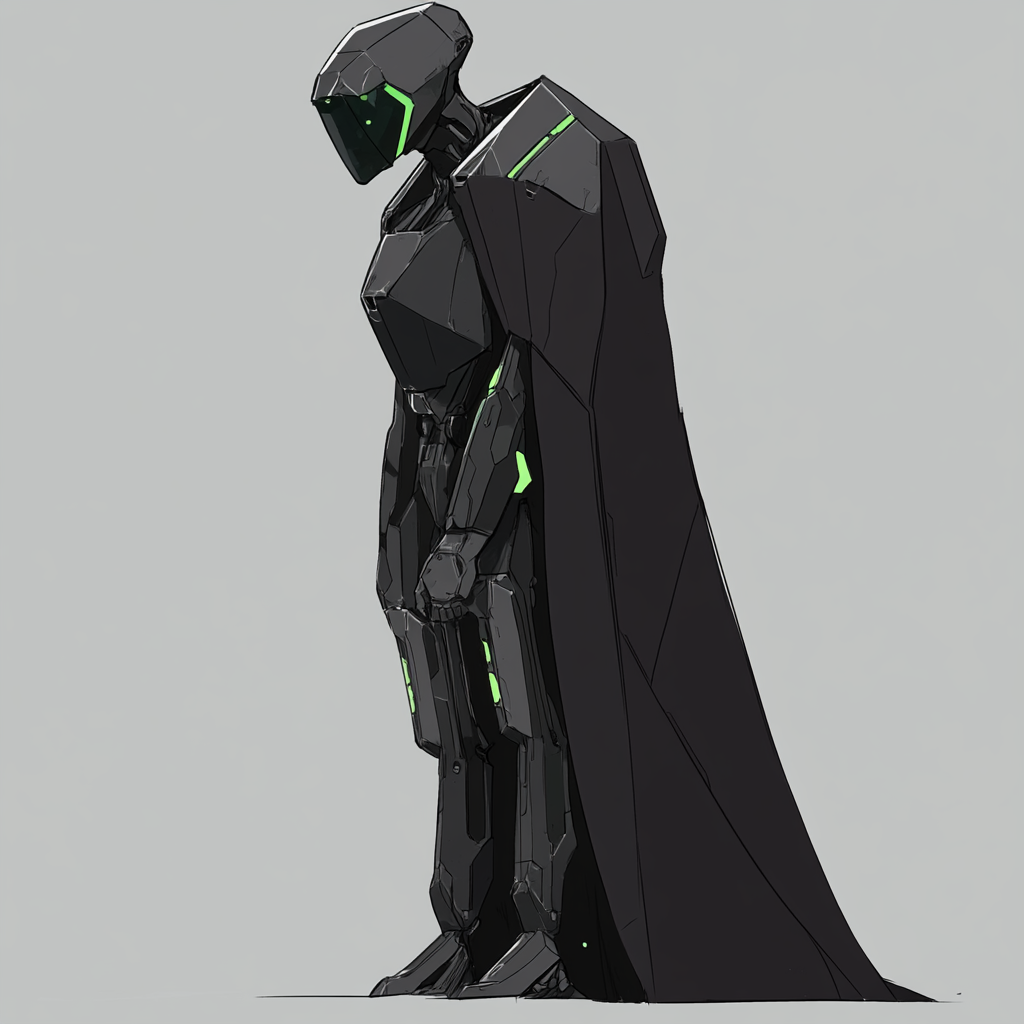 Sleek, 15ft tall mech in black cloak with hexagons.