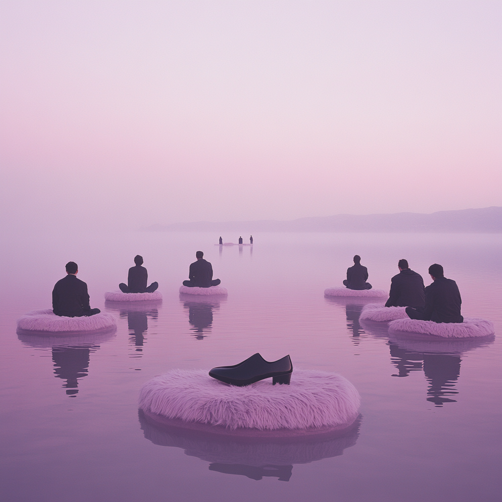 Sleek, artistic, minimalist scene with serene people by lake.