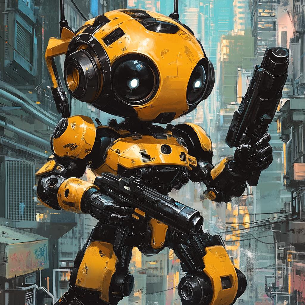 Sleek, golden yellow and black combat robot design.