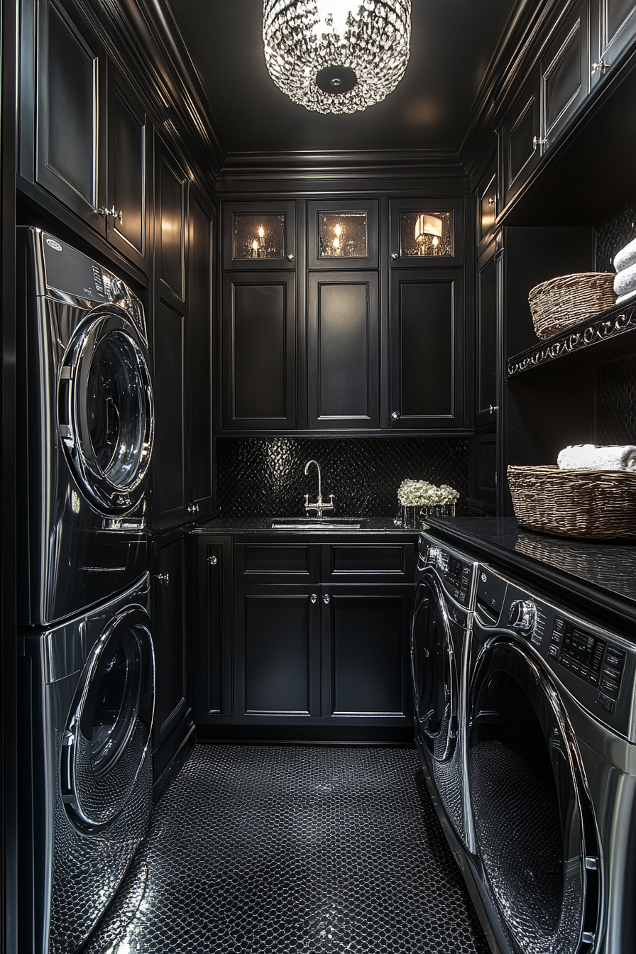 Sleek, gothic laundry room with silver accents and shadows.