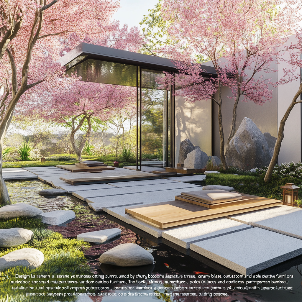 Sleek, modern Japanese outdoor oasis with cherry blossoms.