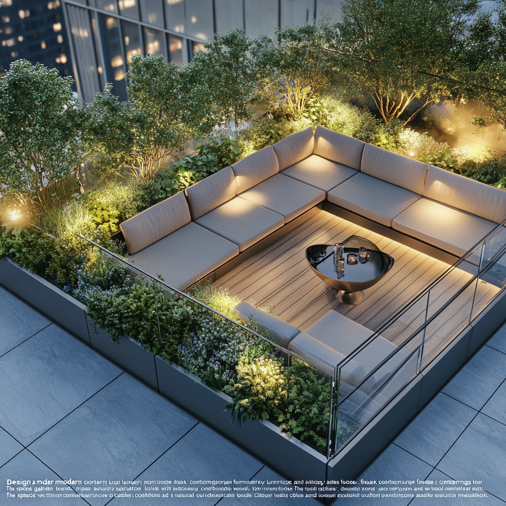 Sleek, modern rooftop garden with stylish furniture and lighting.