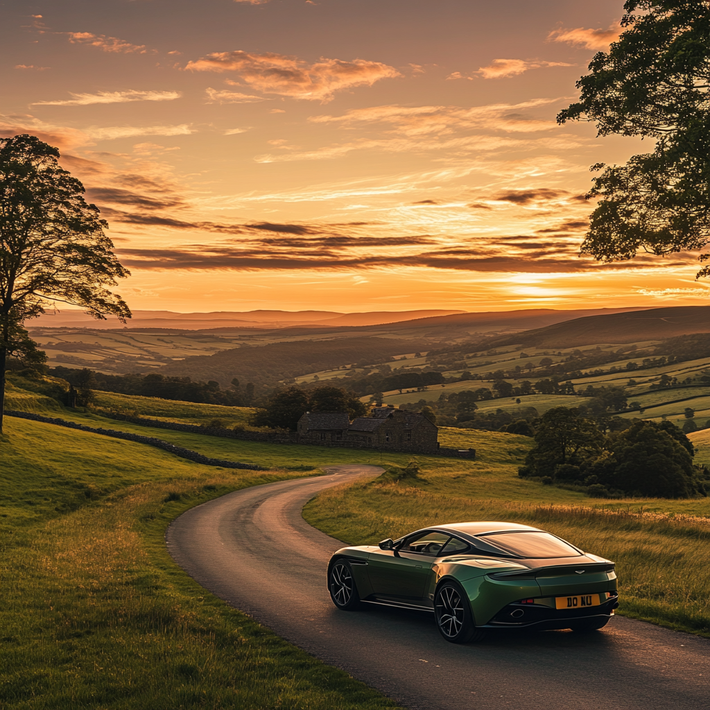 Sleek Aston Martin on British road at sunset