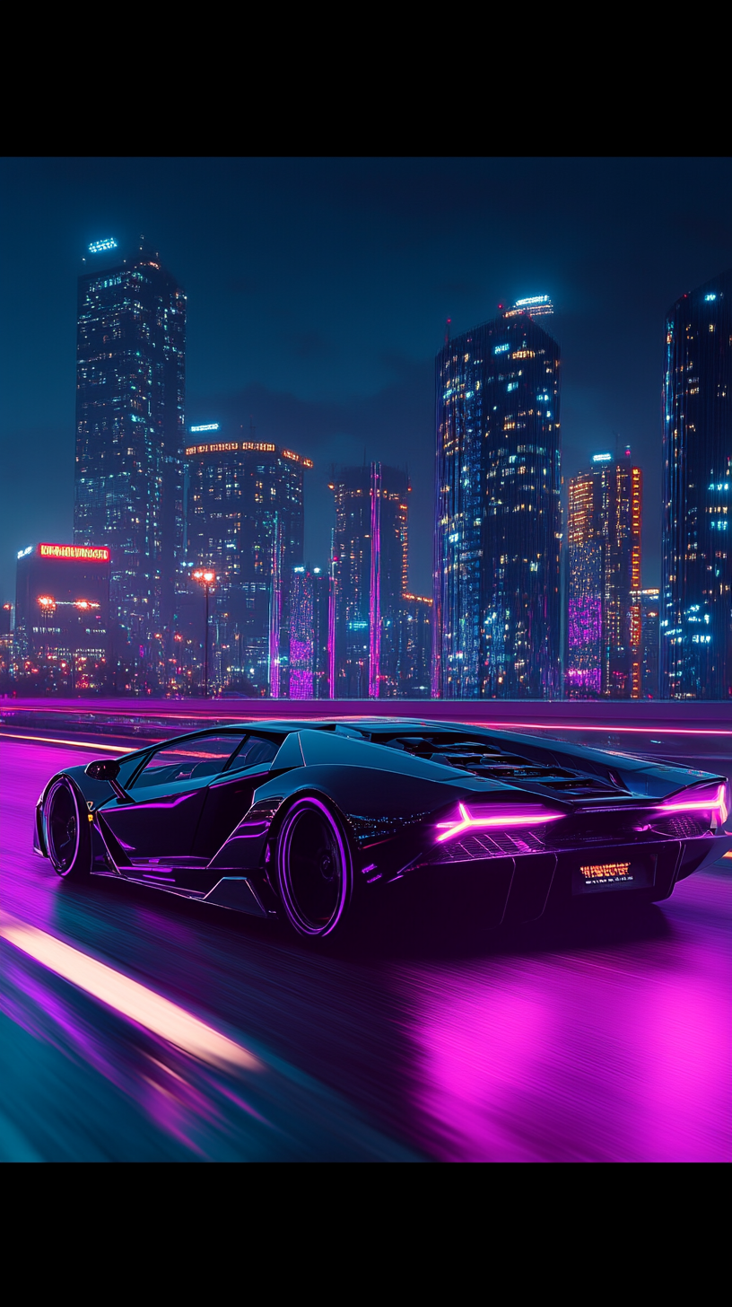 Sleek Lamborghini speeding on neon highway in cyberpunk city.