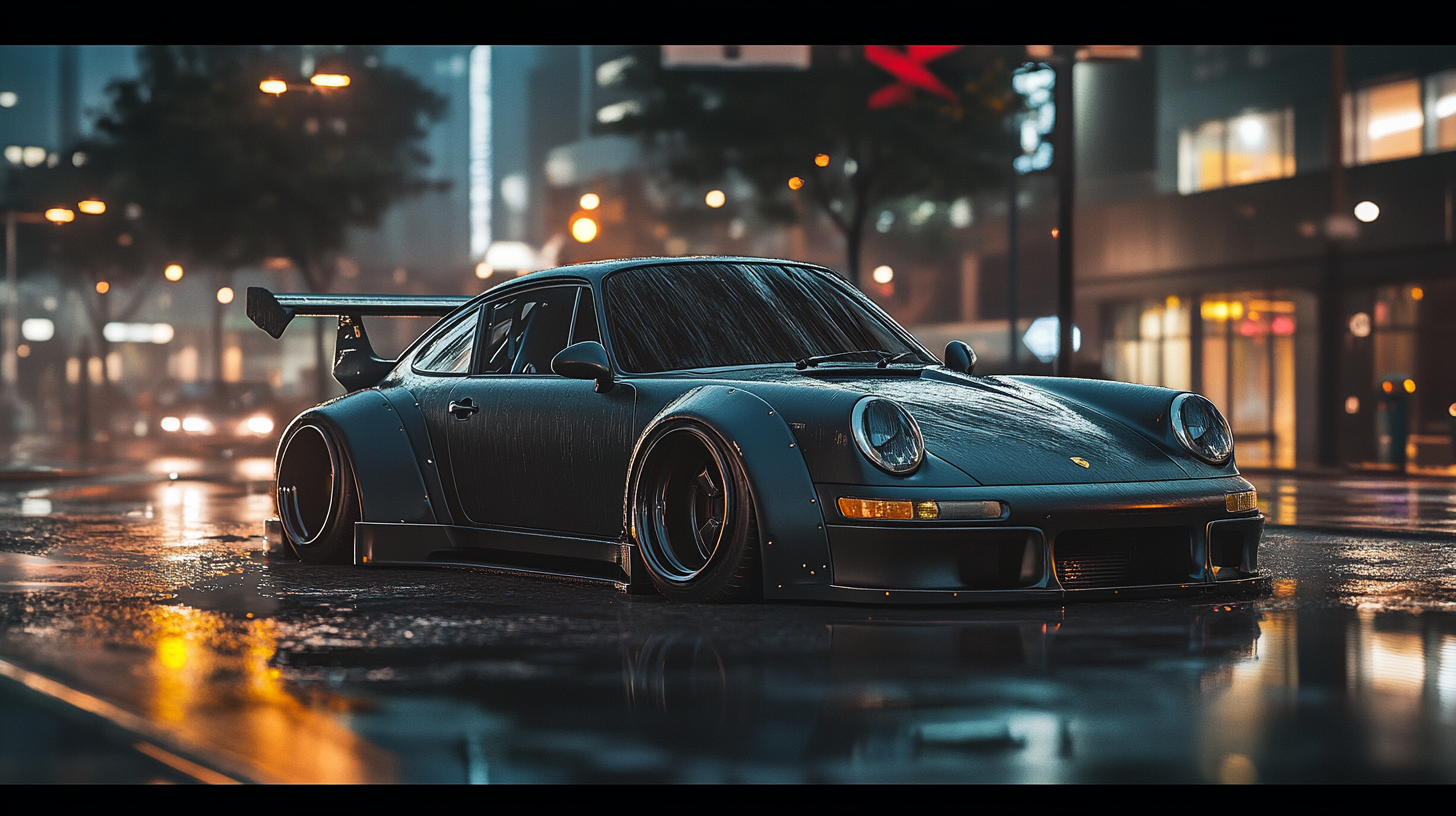 Sleek Porsche 911 on rainy night with wide body.