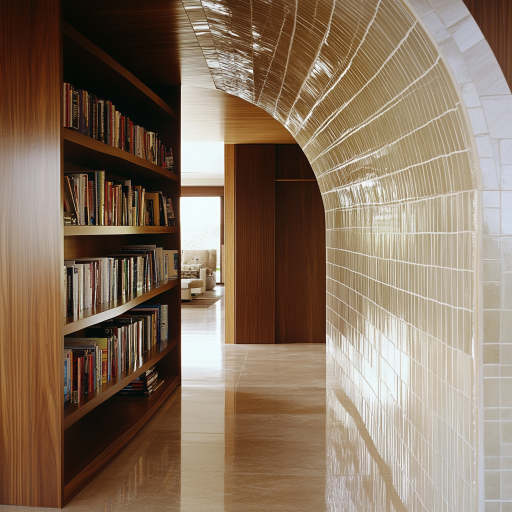 Sleek archway, glossy ceramic tiles, modern and elegant.