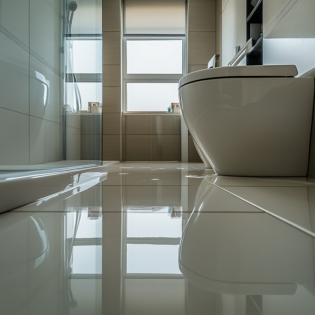 Sleek bathroom with minor water leak, creating small puddle.