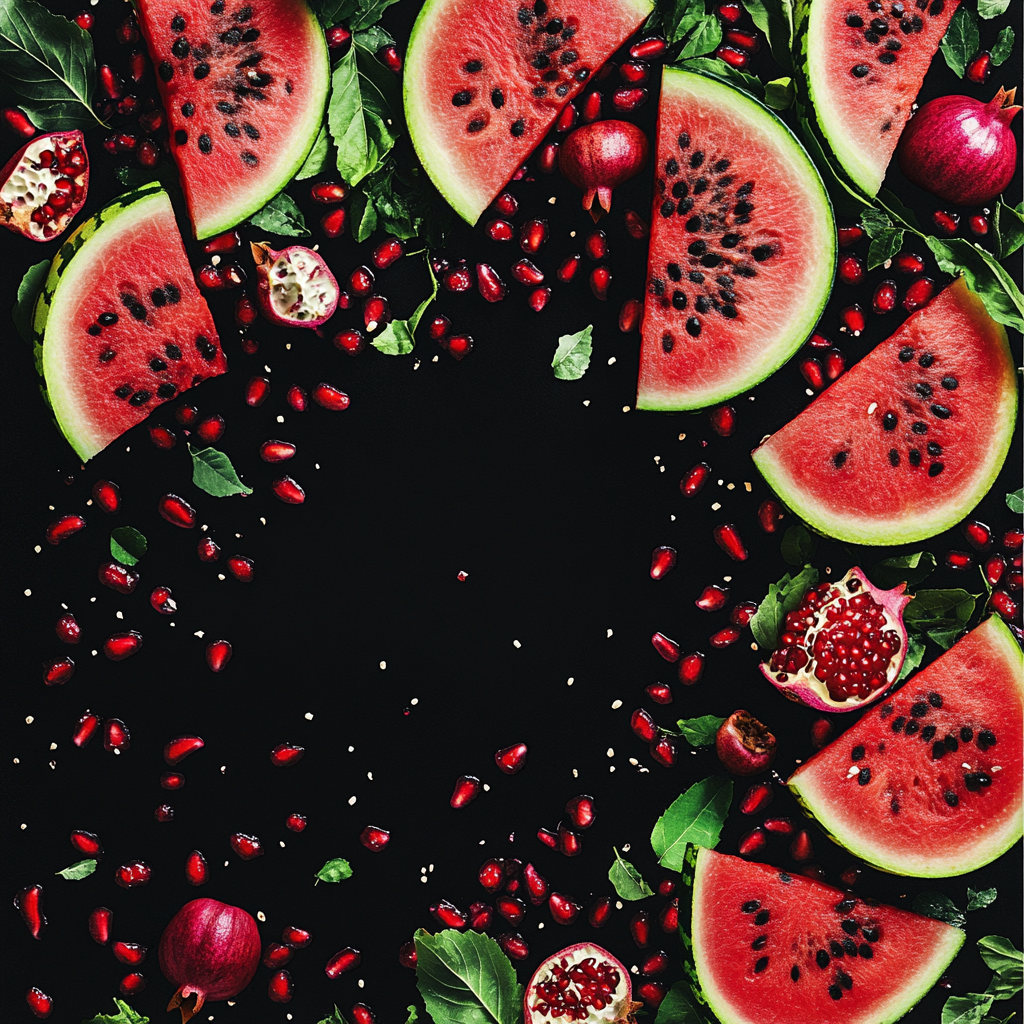 Sleek black background with vibrant watermelon and pomegranate.