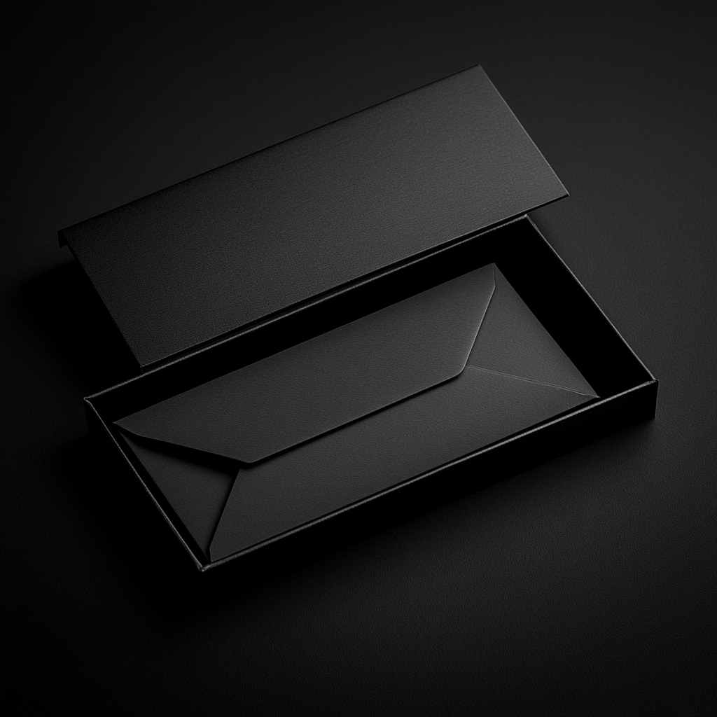 Sleek black box with premium envelope inside.