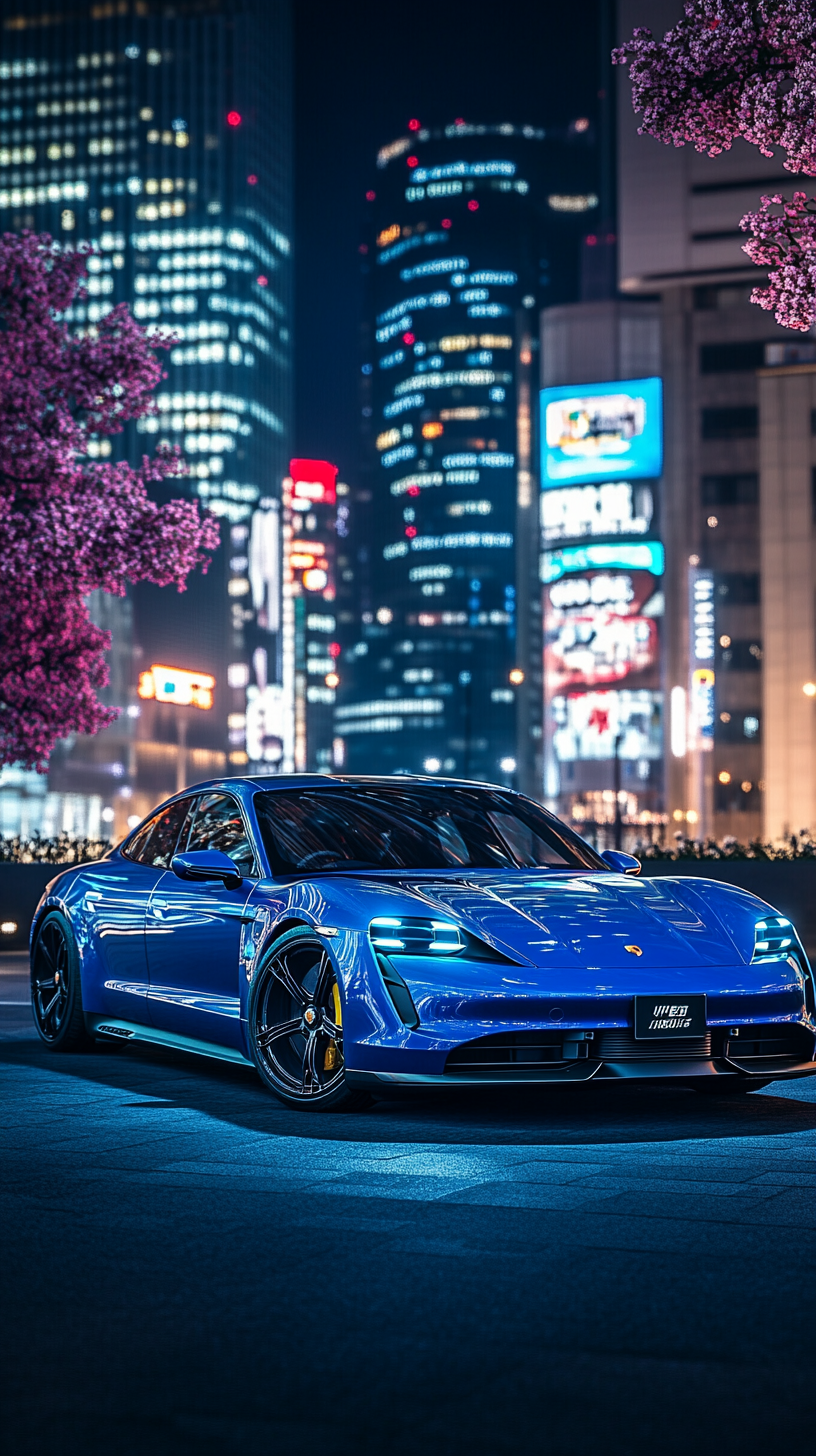 Sleek blue Porsche Taycan in Tokyo rooftop garden at night.