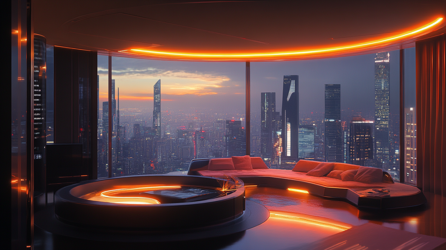 Sleek cyberpunk apartment with circular lounge and city view.