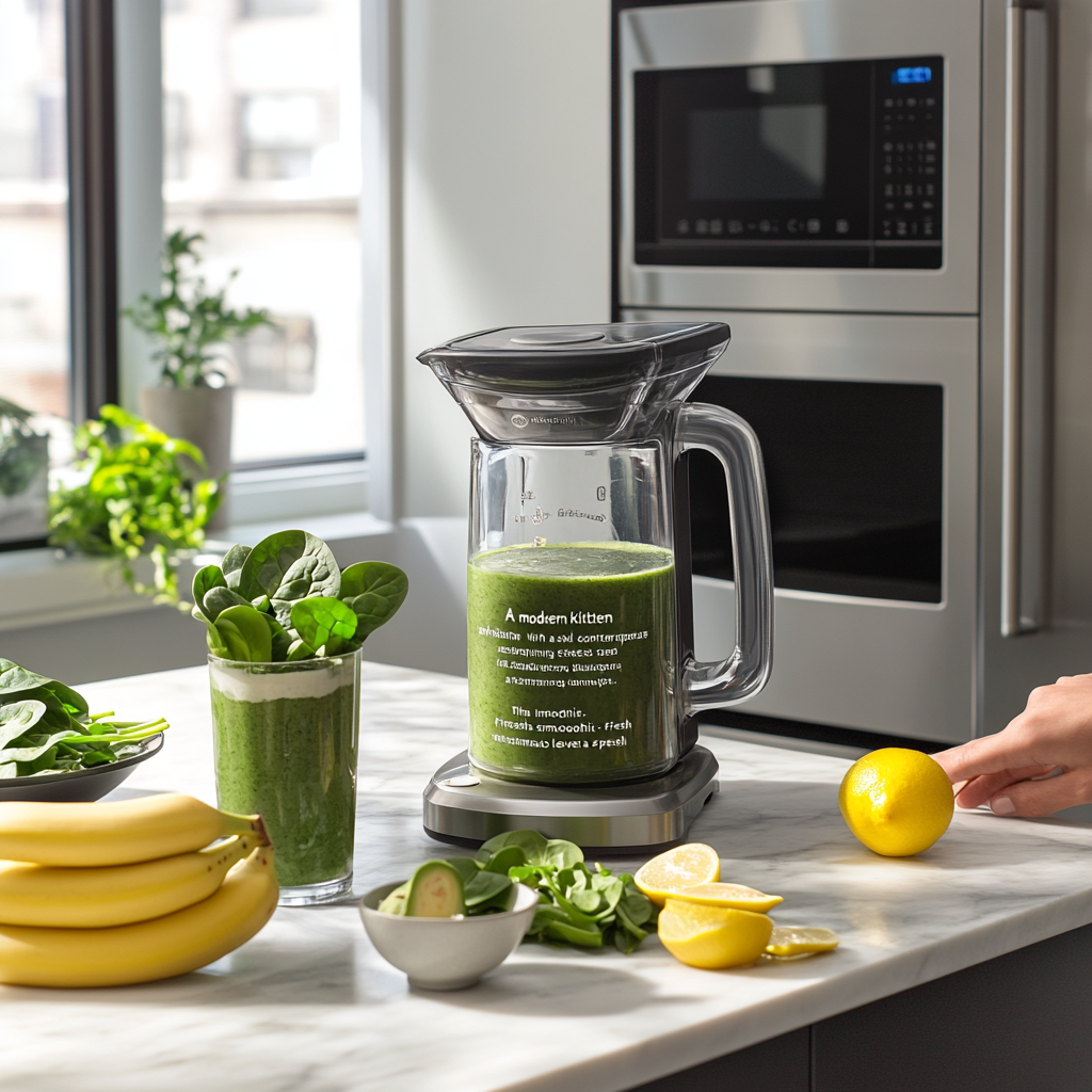 Sleek modern kitchen with green smoothie preparation 