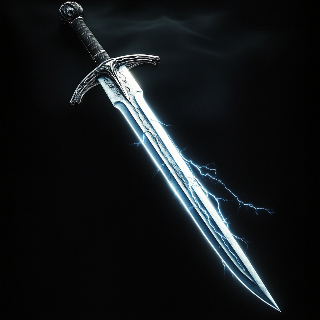 Sleek silver longsword with storm cloud hilt and pommel.