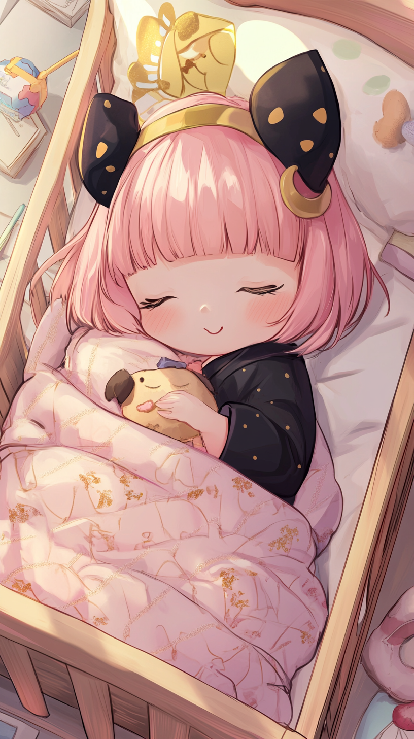 Sleeping Baby Anya in chibi style with Chimera doll.