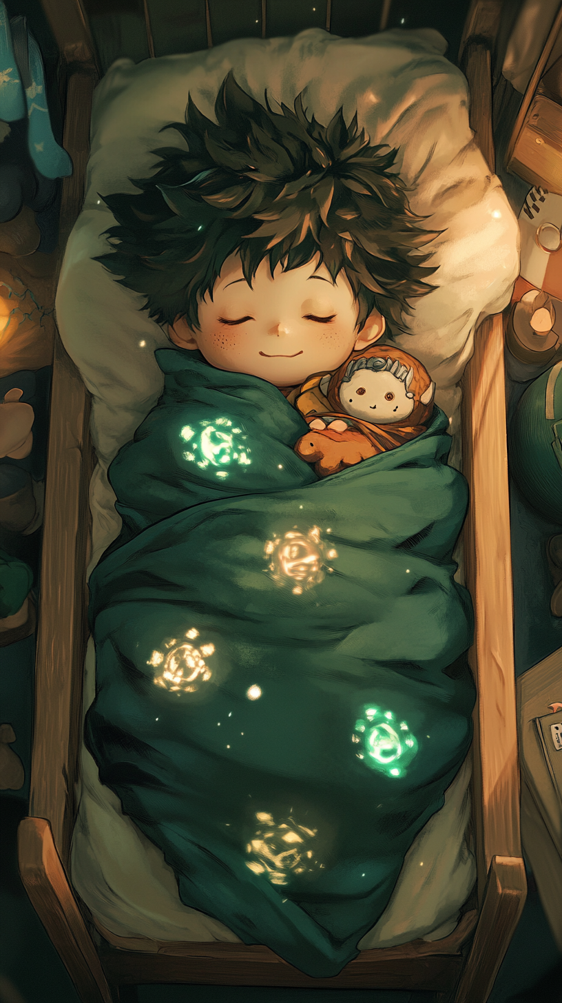 Sleeping Baby Deku in 'uwu' style with hero toys.