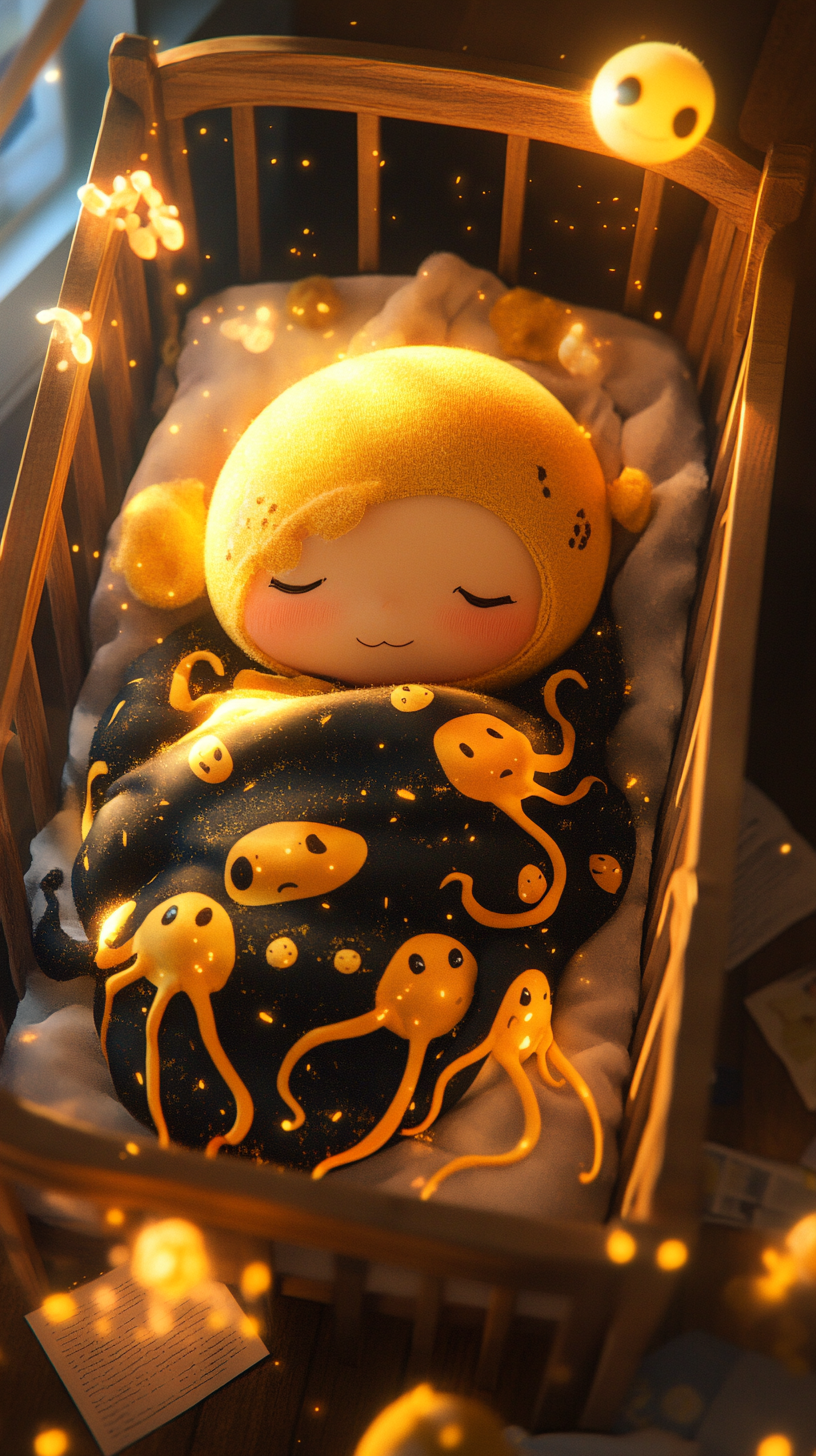 Sleeping Baby Koro-sensei in 'uwu' style, surrounded by plush toys