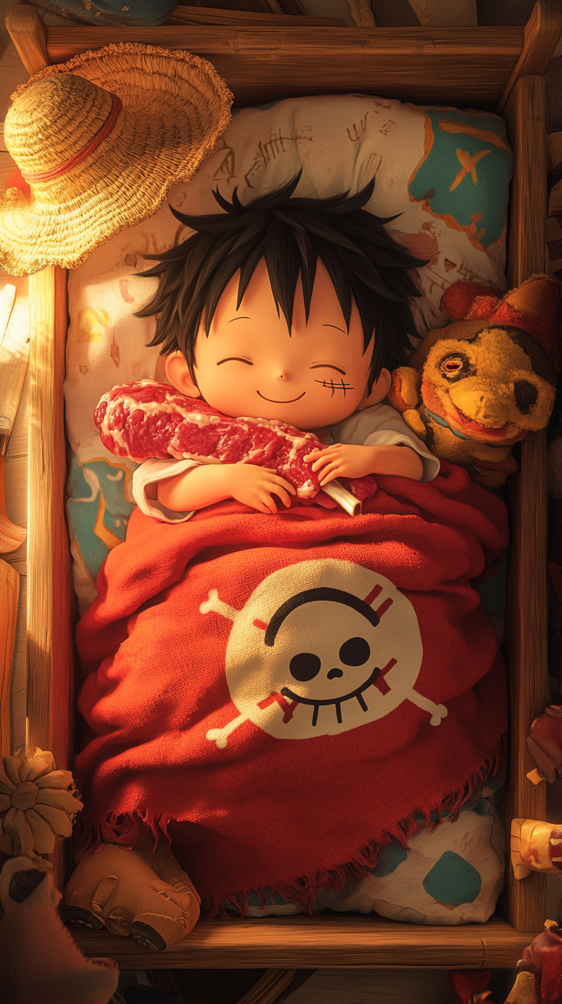 Sleeping Baby Luffy in 'uwu' style surrounded by toys.