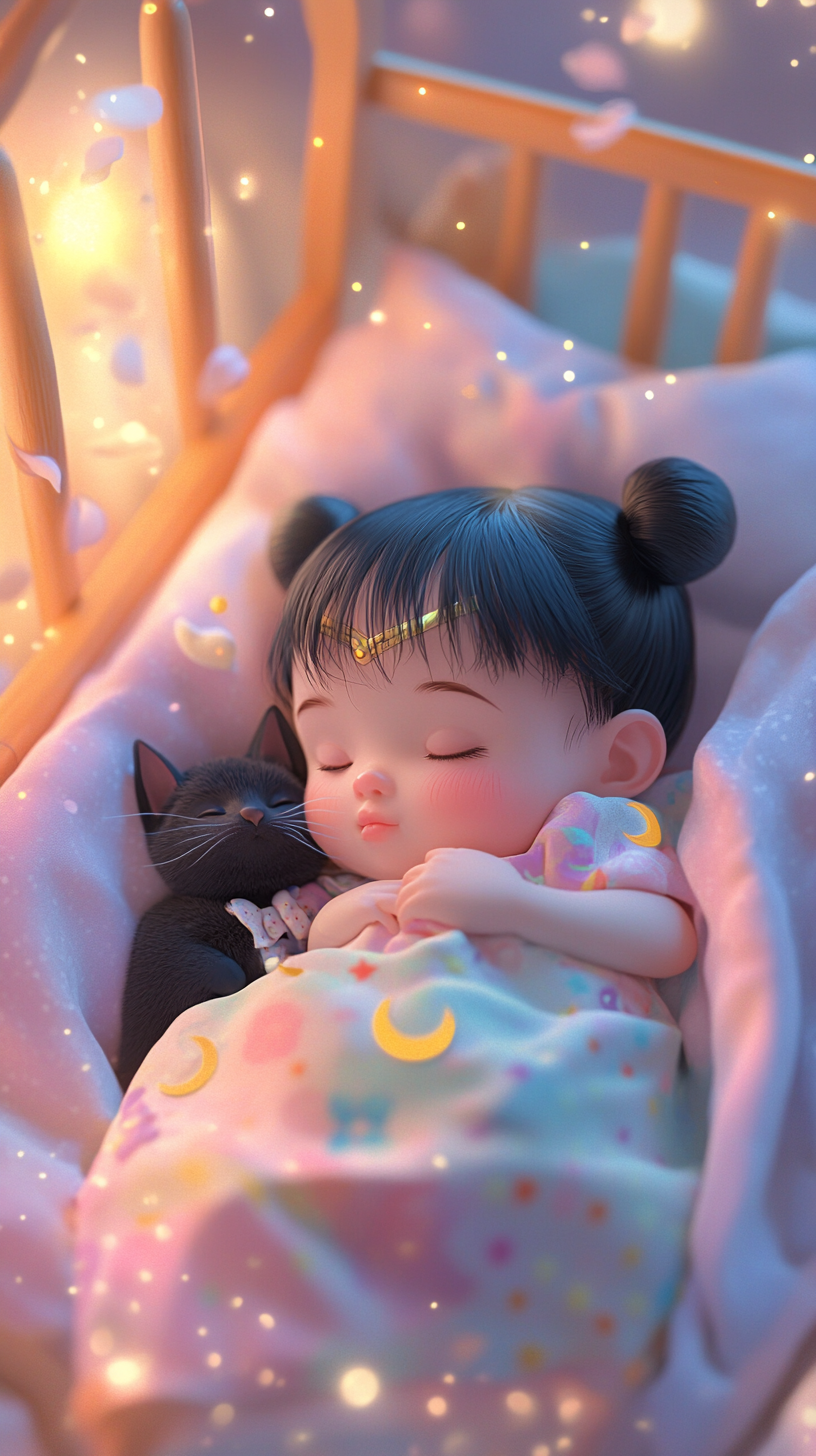 Sleeping Baby Sailor Moon in 'uwu' style with Luna.