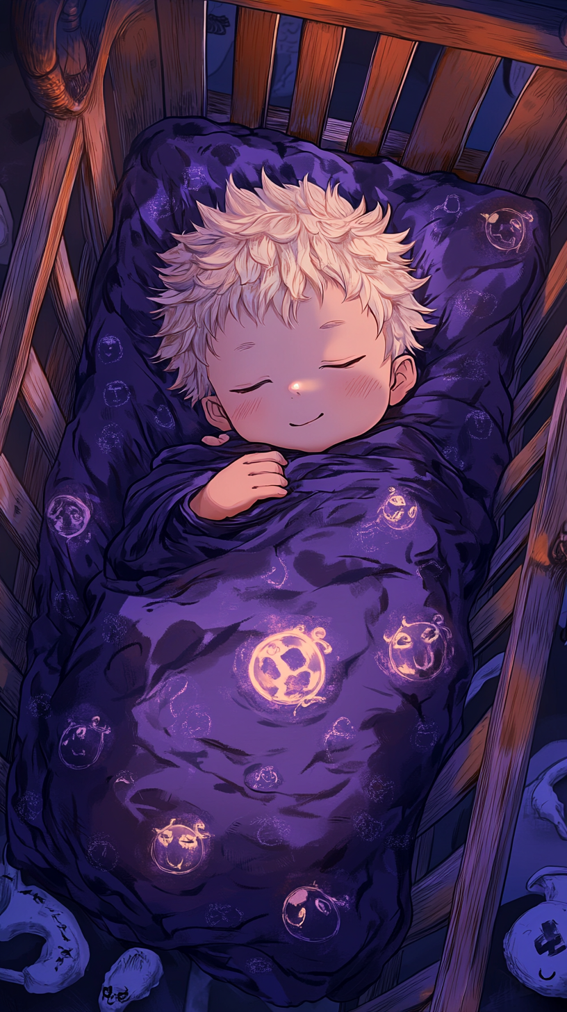 Sleeping Baby Sukuna in cozy crib with plush toys.