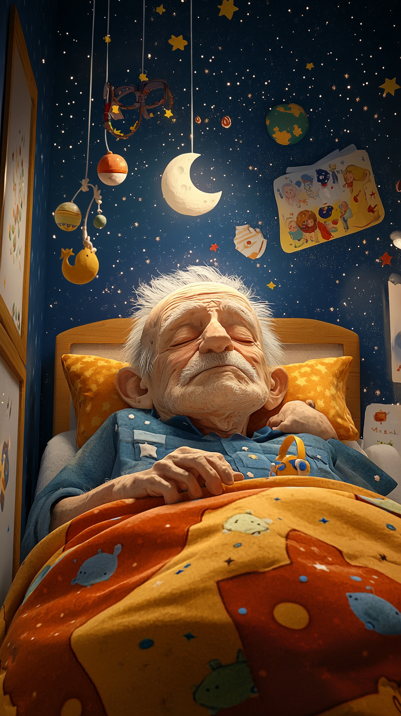 Sleeping Grandpa in Cartoon Bedroom under Moon Stars