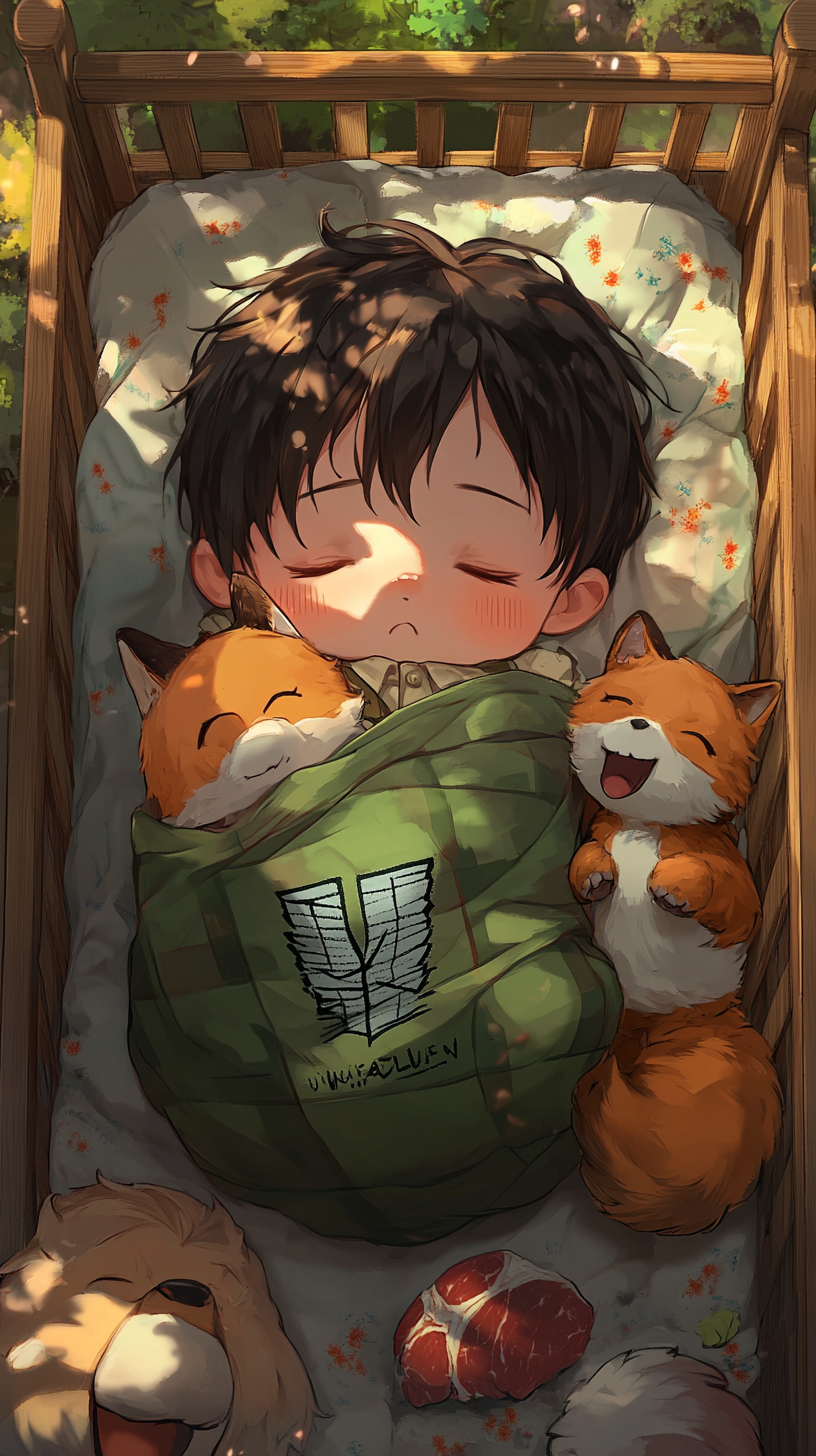 Sleeping baby Eren in cute 'uwu' style with plushies.