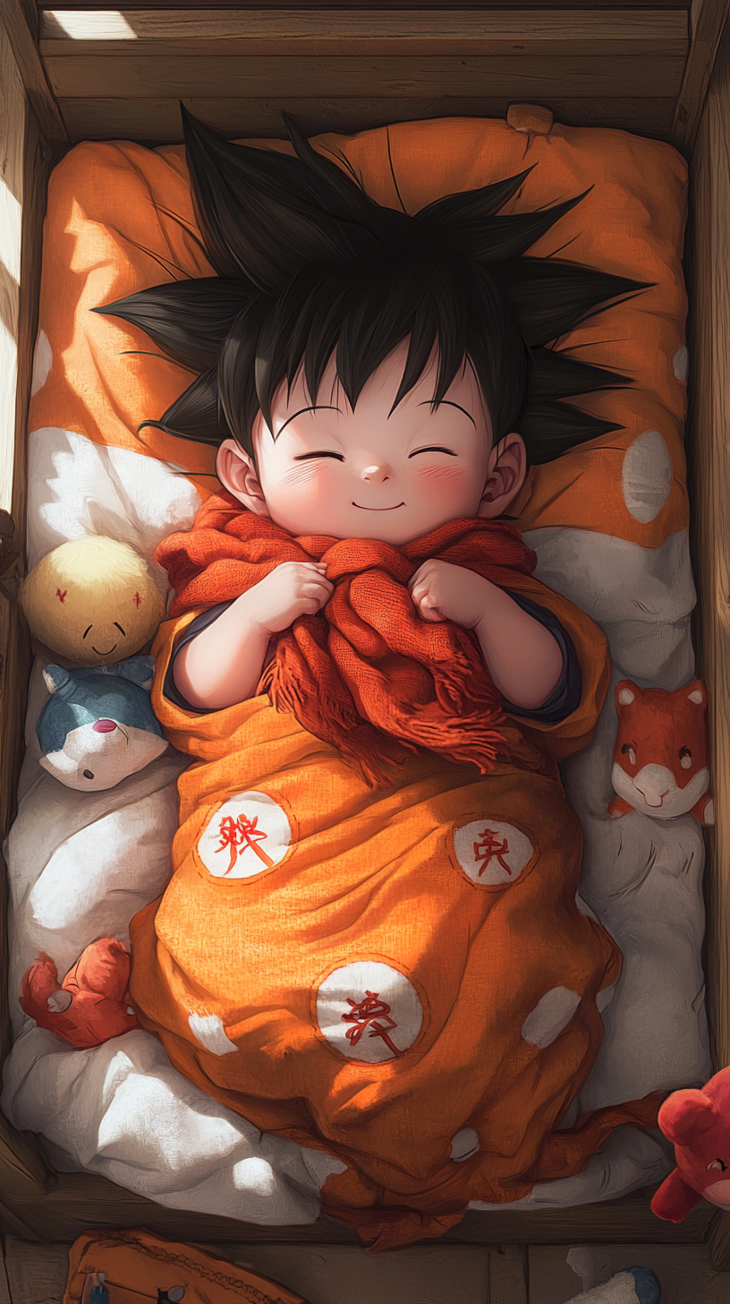 Sleeping baby Goku in cute crib with plush toys.