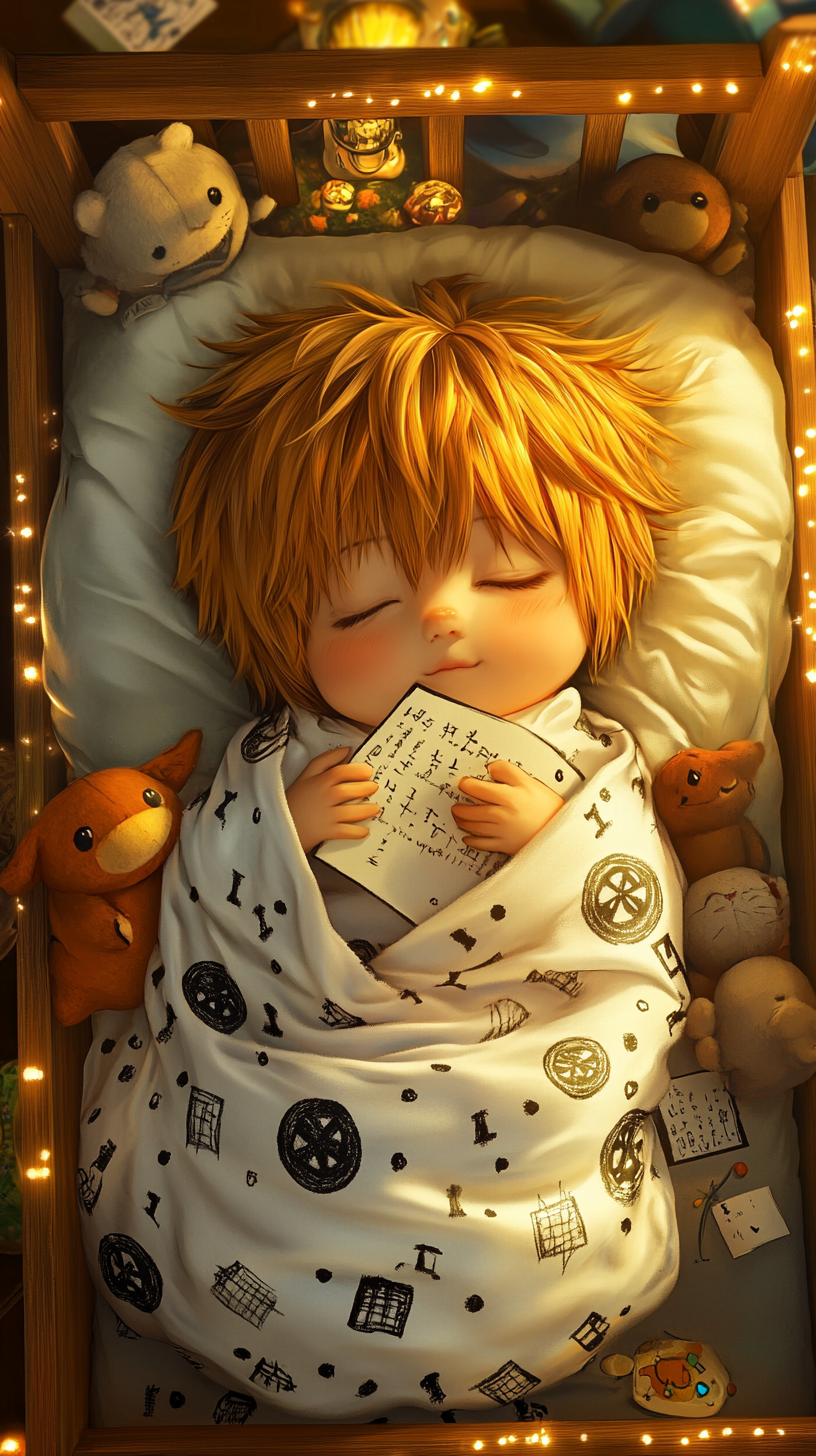 Sleeping baby Light Yagami with plush Death Note toys.