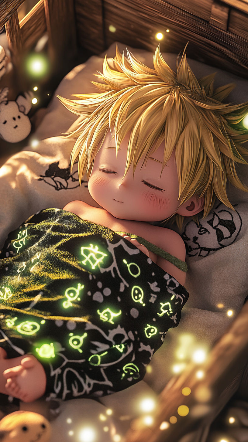 Sleeping baby Meliodas, surrounded by cute plush toys.