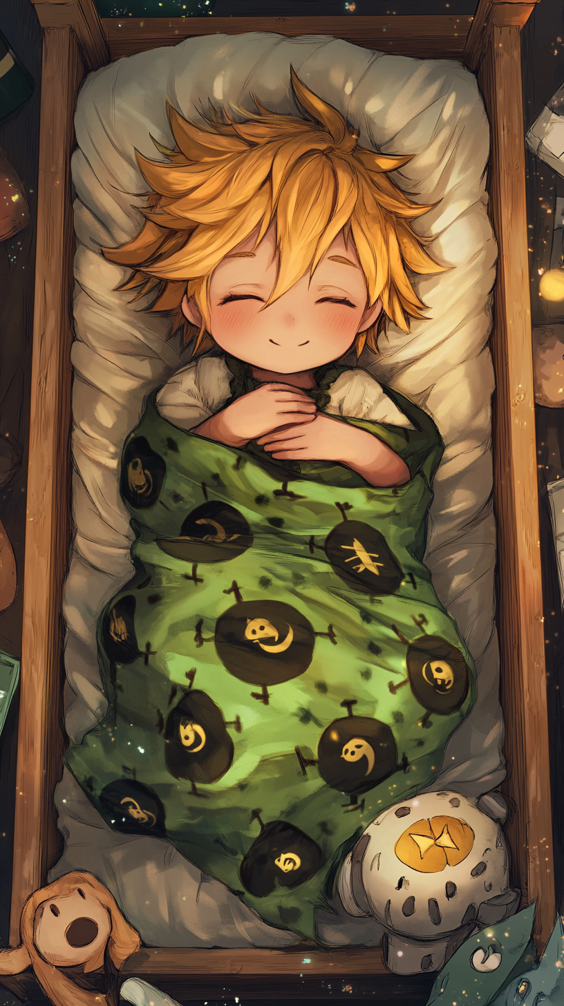 Sleeping baby Meliodas in chibi style, cuddling plush sword.