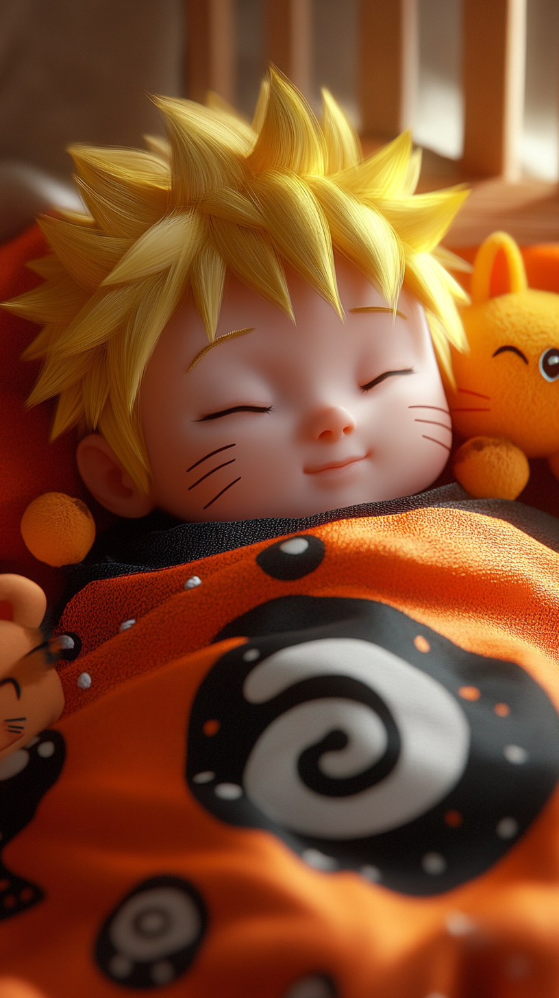 Sleeping baby Naruto cuddling with plush Kyubi toy.