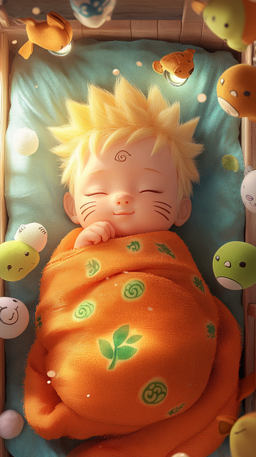 Sleeping baby Naruto in cute crib surrounded by toys.