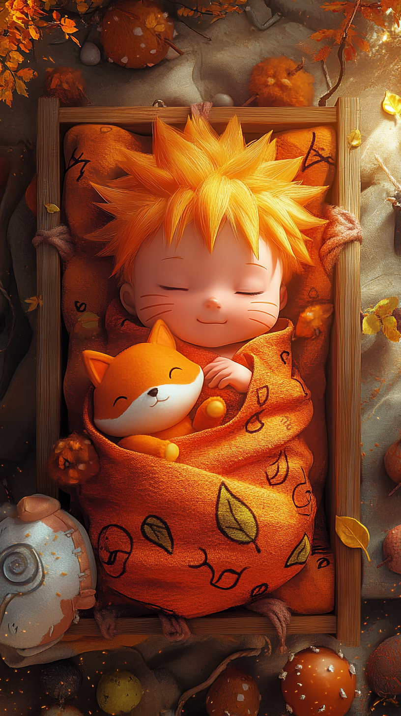 Sleeping baby Naruto surrounded by soft plush toys.