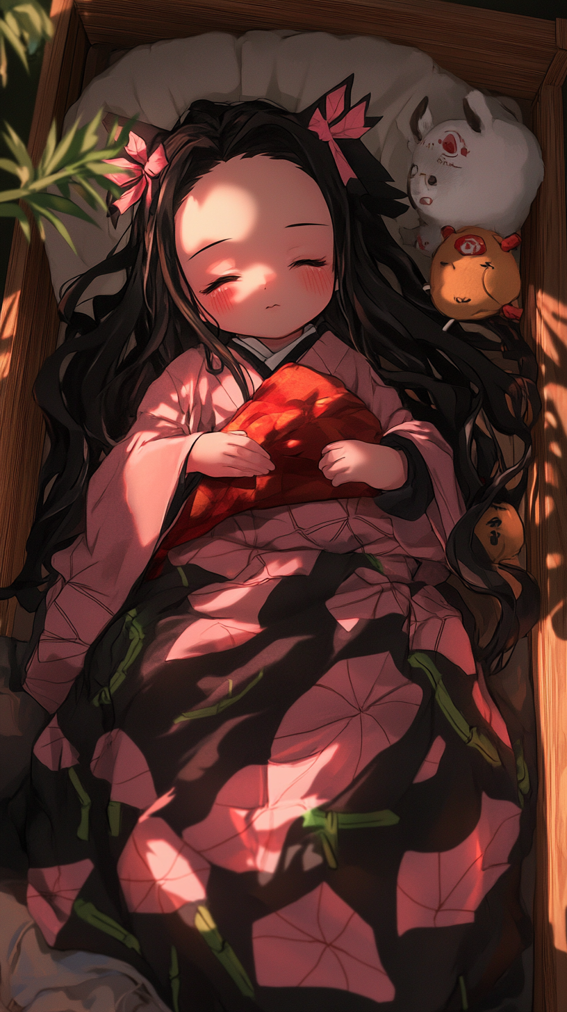 Sleeping baby Nezuko in cute crib surrounded by plush toys.