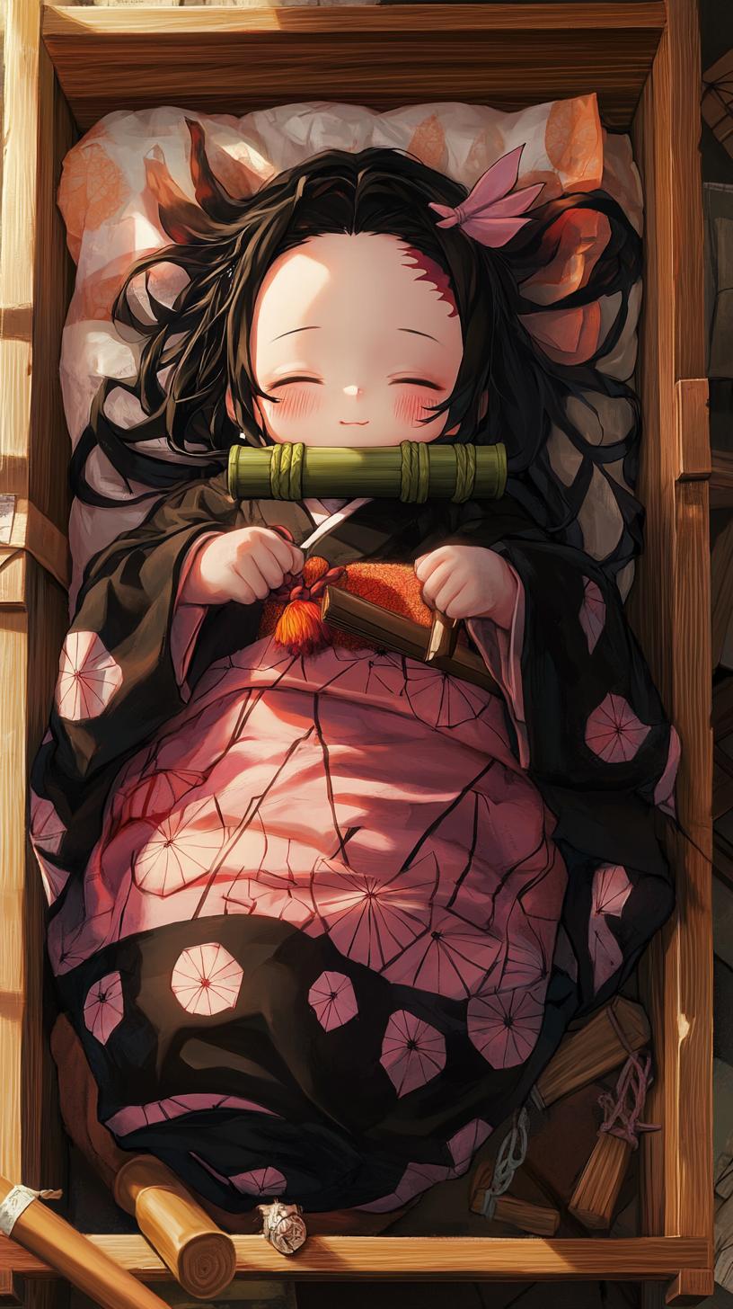 Sleeping baby Nezuko in cute crib with demon symbols.