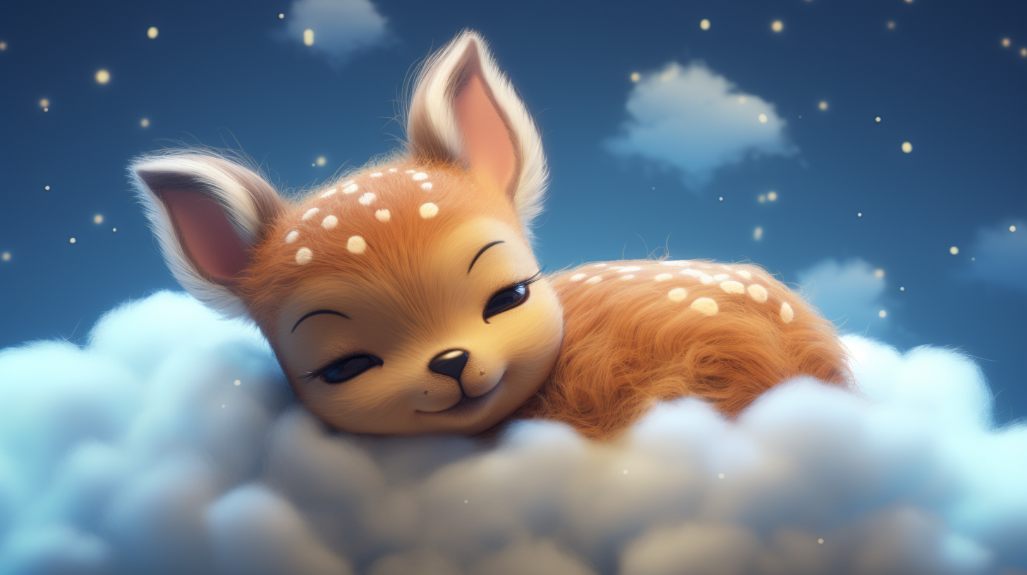 Sleeping baby deer on clouds in Disney style.