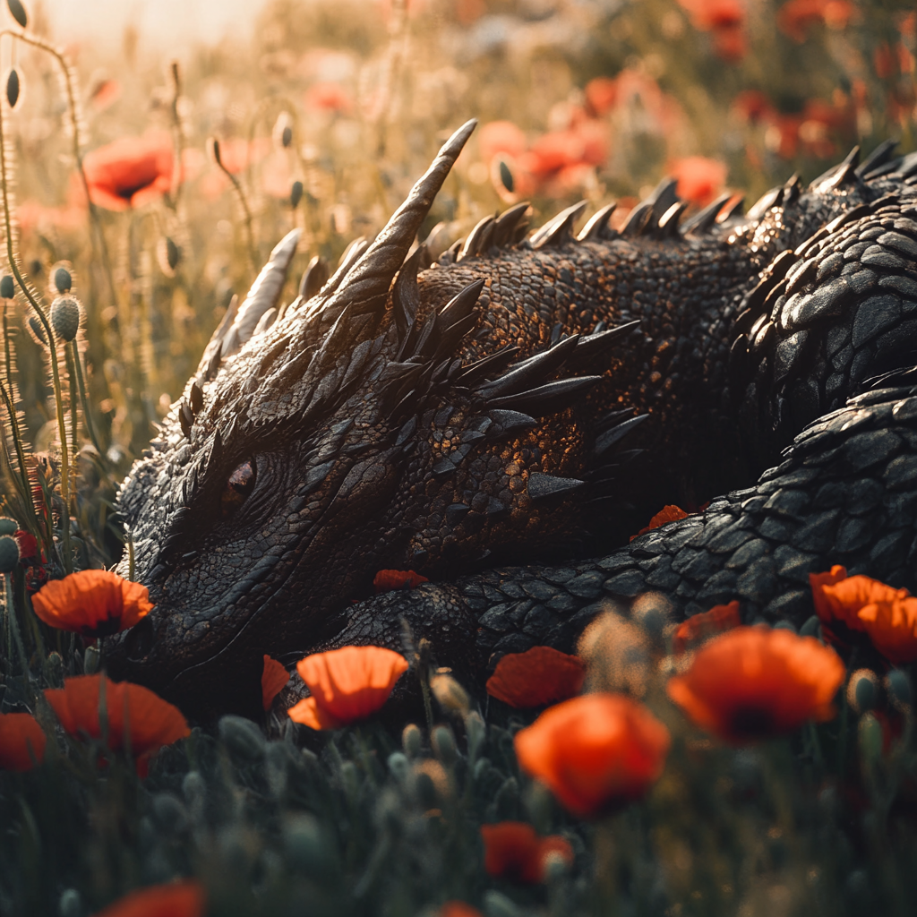 Sleeping black dragon in meadow with poppies, sunlight.