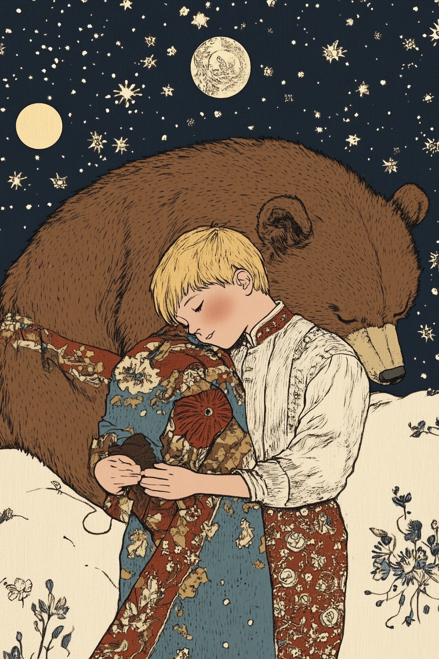 Sleeping boy and bear Slavic art style