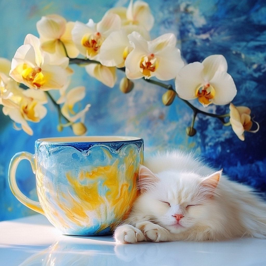 Sleepy cat by colorful coffee cup and flowers